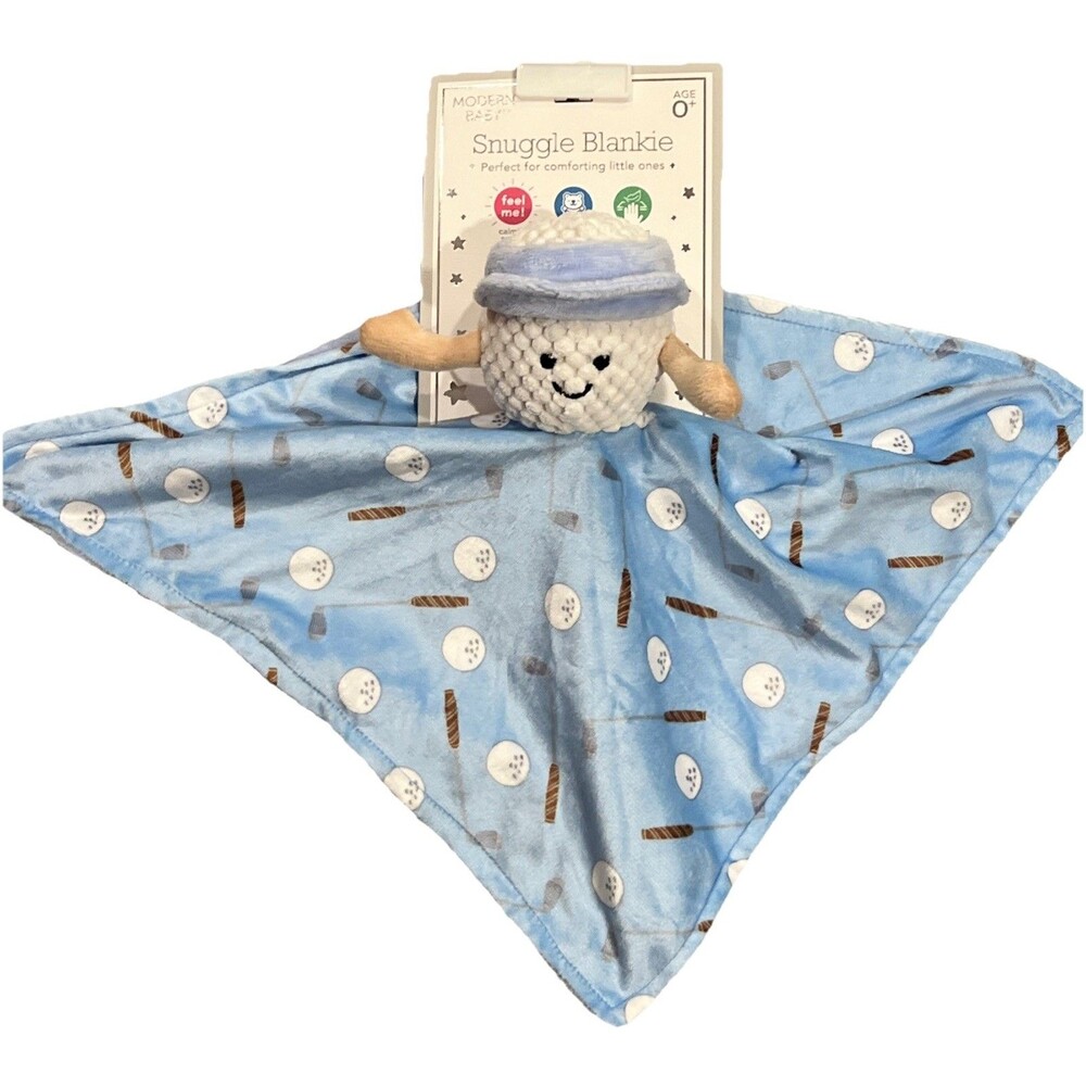 Modern Baby Golf Theme Blue Snuggle Blankie Lovey Plush Blanket Clubs Balls New